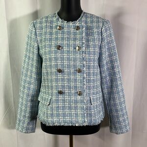 Ann Taylor Factory Blue & White Plaid Double Breasted Tweed Jacket